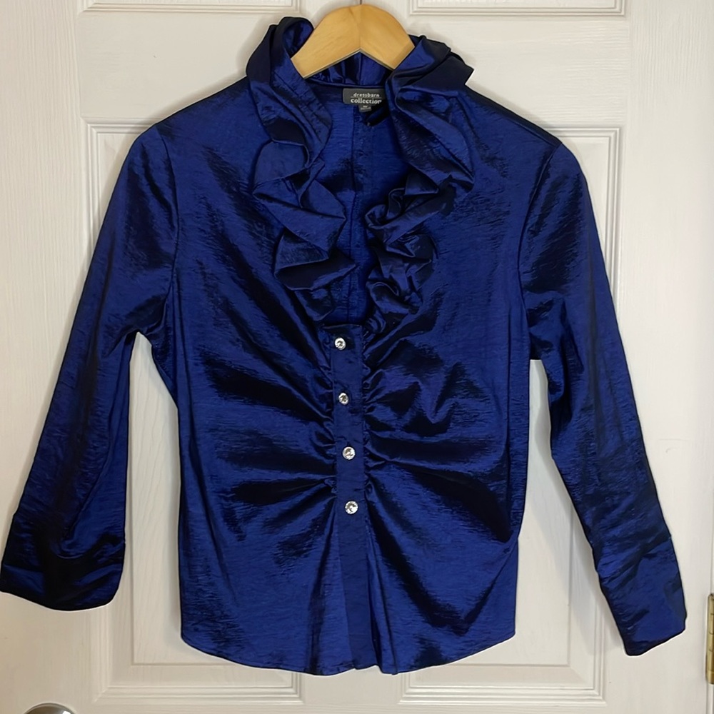 VTG Dressbarn Collection Blouse Top Blue Shiny Ruffle V-Neck Size 10